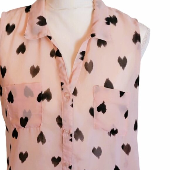 Fun & Flirt Sleeveless Flowy Blouse in Beige with Black Hearts in Size Large - Picture 4 of 5